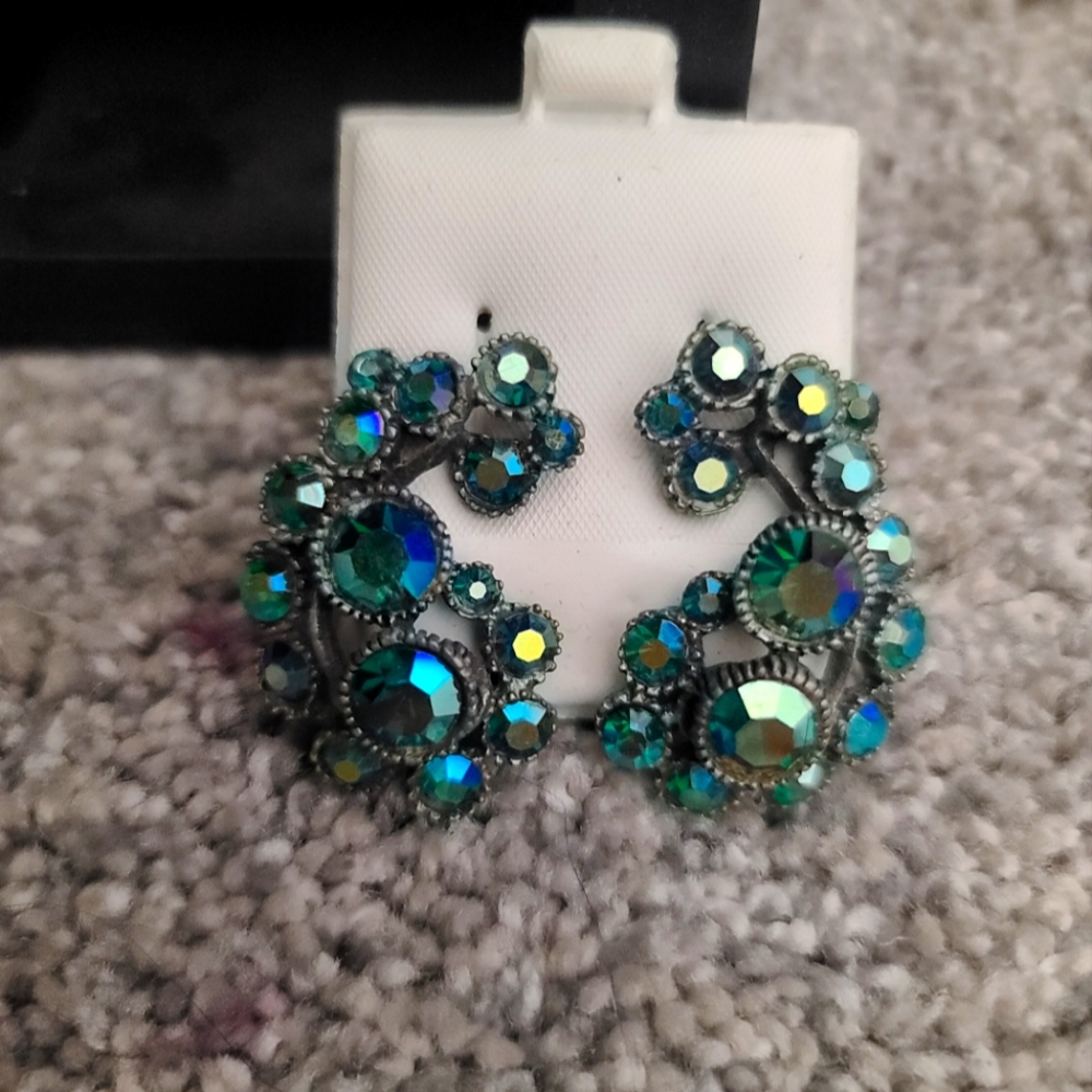 Peacock Blue Green Burlesque Crystal Clip Earrings